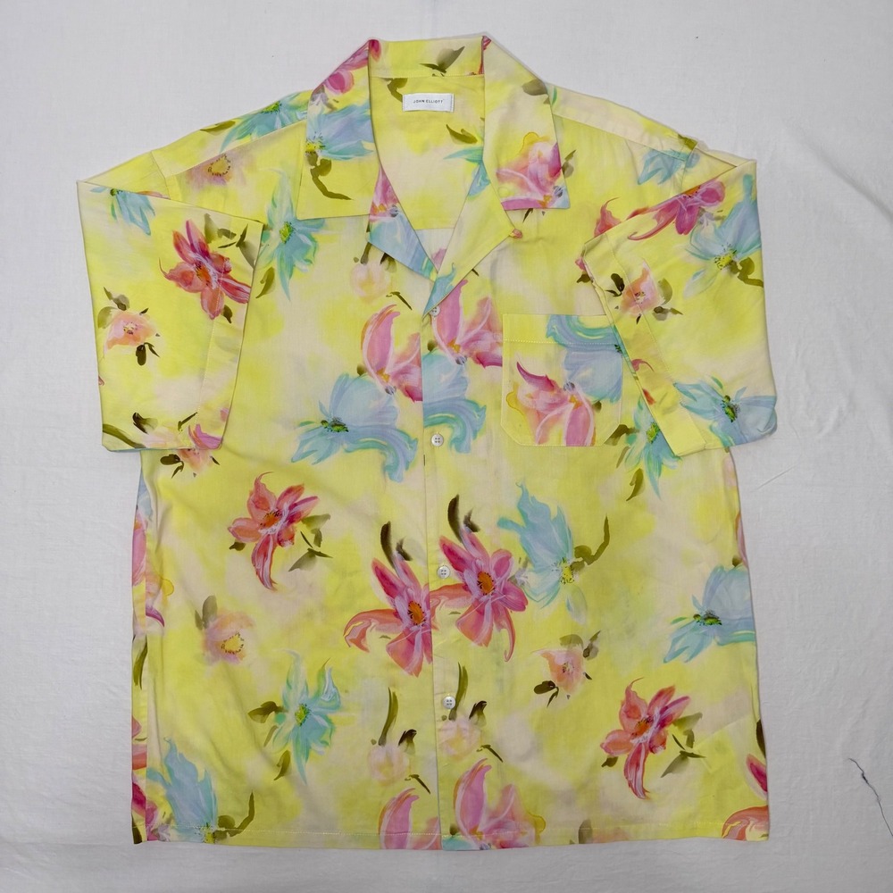 John Elliott Floral Camp Collar Shirt Mens 5 XL Yellow Short Sleeve Button Up